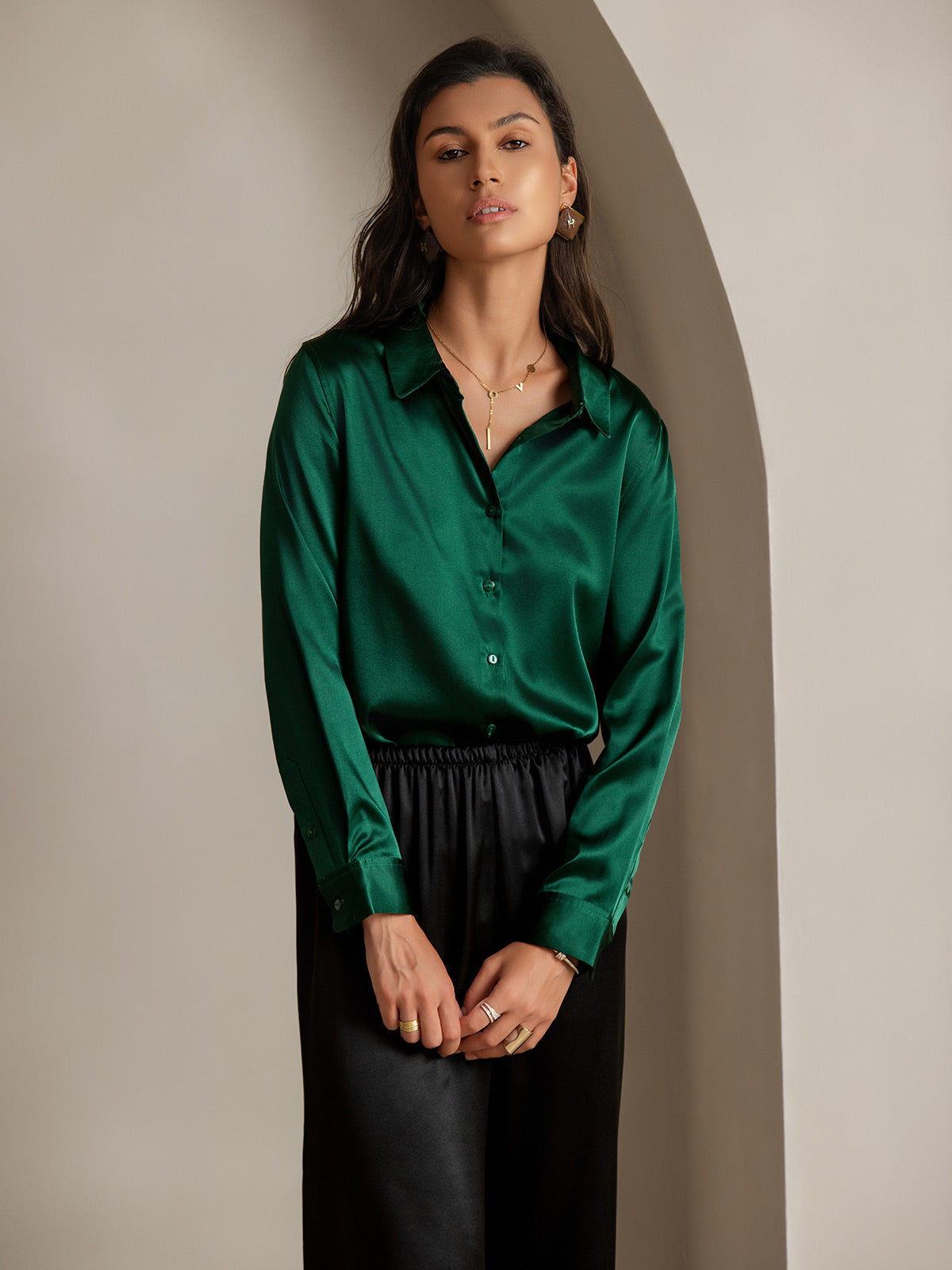 SilkSilky CA Silk Long Sleeve Collar Women's Shirt DarkGreen 001