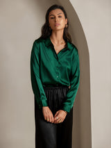 [Dark Green] SilkSilky-CA Long Sleeve Lapel Collar Women's Shirt 001