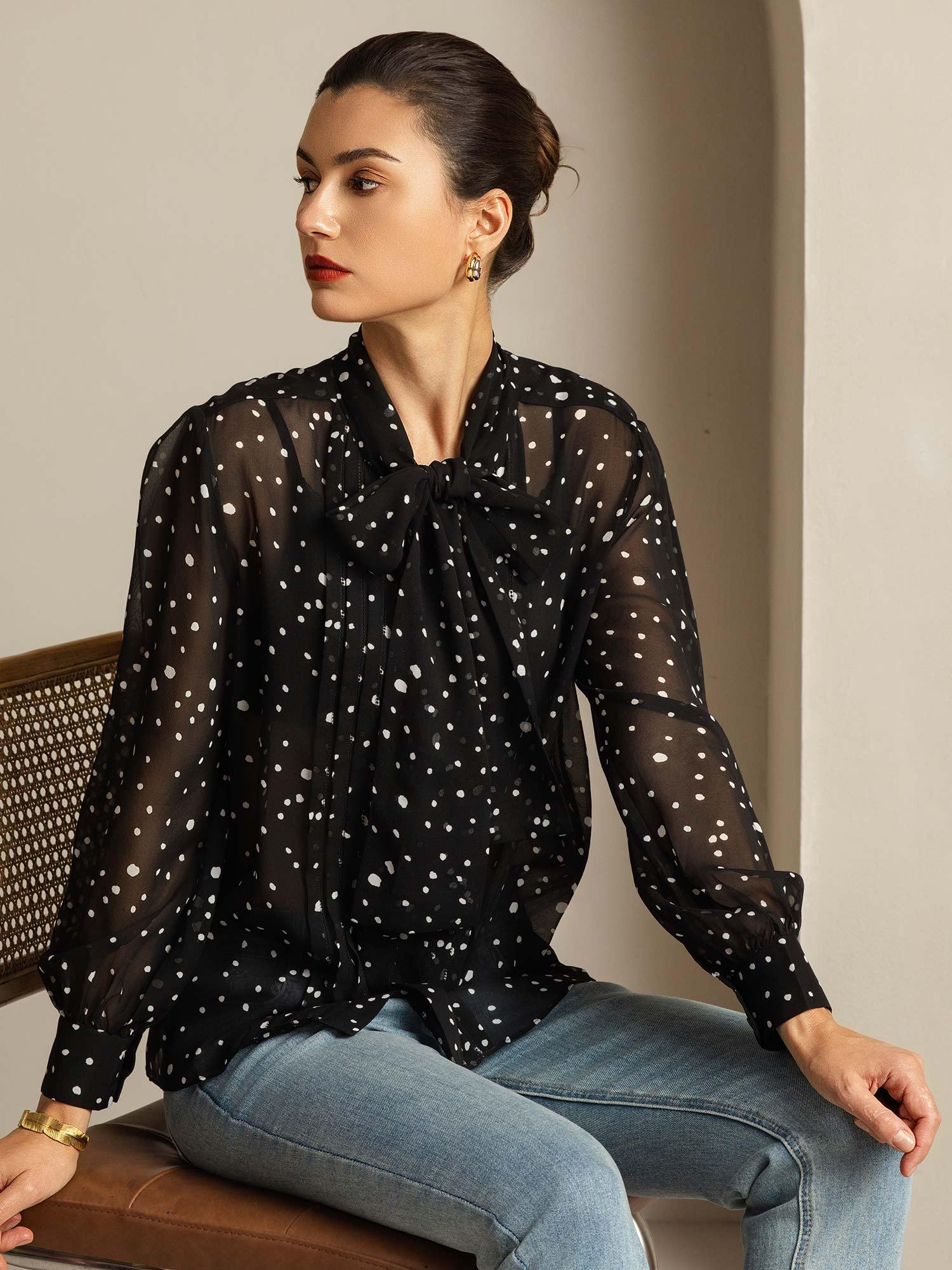 [PolkaDot] SilkSilky-CA Pure Silk Tie Neck Women's Shirt 001
