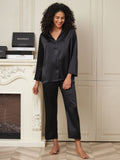 SilkSilky CA 22Momme Pure Silk Long Sleeve Womens Pajamas Black 003