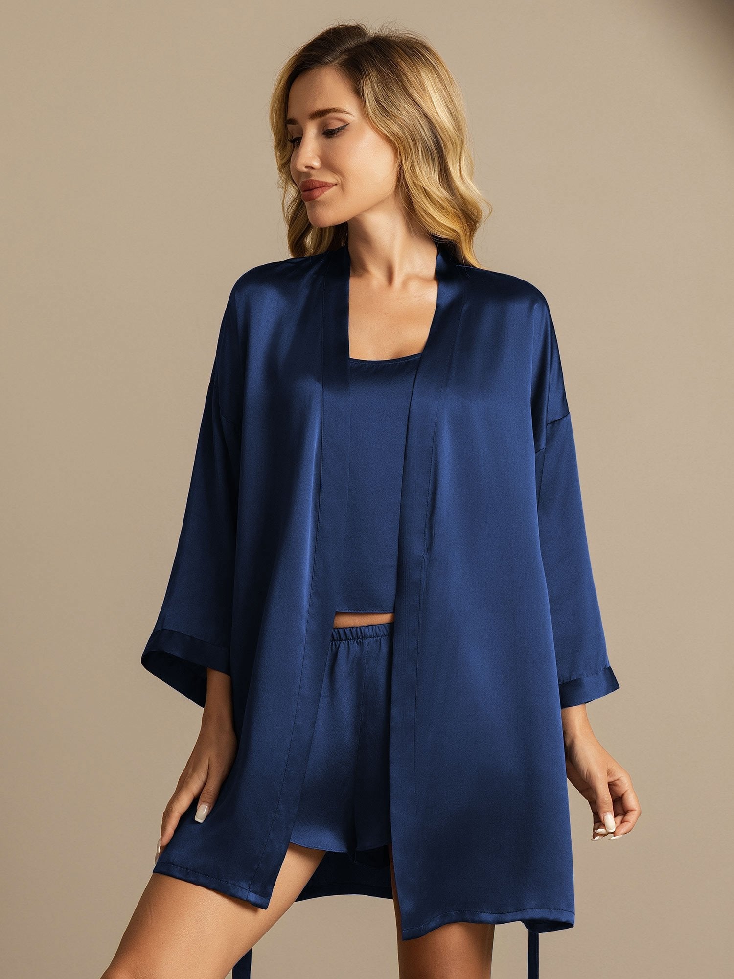 [Dark Blue] SilkSilky-CA Pure Silk Split Nightgown&Robe Set 007,