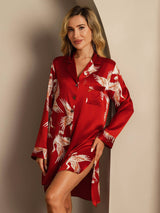 [Dark Red] SilkSilky-CA 19Momme Long Sleeve Notch Collar Nightshirt 008