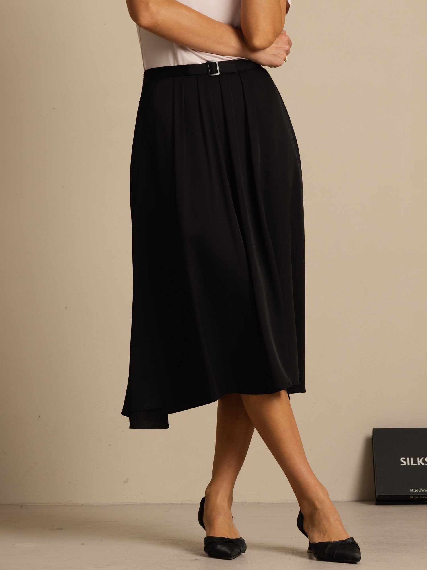 [Black] SilkSilky-CA 19Momme Stretch Silk Double Georgette Skirt 003