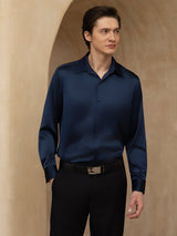 [Dark Blue] SilkSilky-CA 19Momme Stretch Silk Charmeuse Long Sleeve Lapel Collar Men's Shirt 005