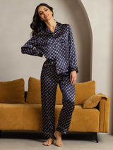[Navy Chain] SilkSilky-CA Long Sleeve Lapel Collar Women's Pajamas 002