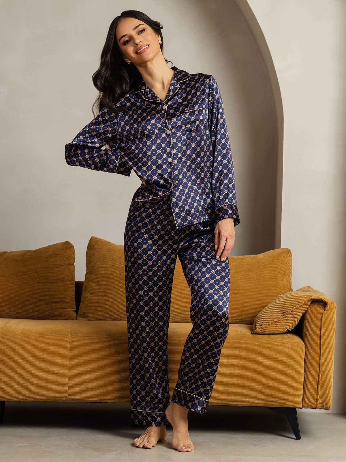 [Navy Chain] SilkSilky-CA Long Sleeve Lapel Collar Women's Pajamas 002