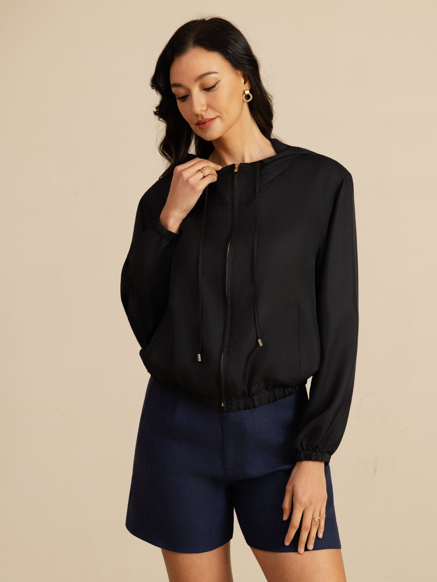 [Black] SilkSilky-CA 18Momme Silk Satin Surah Long Sleeve Stand Collar Women's Outerwear 004