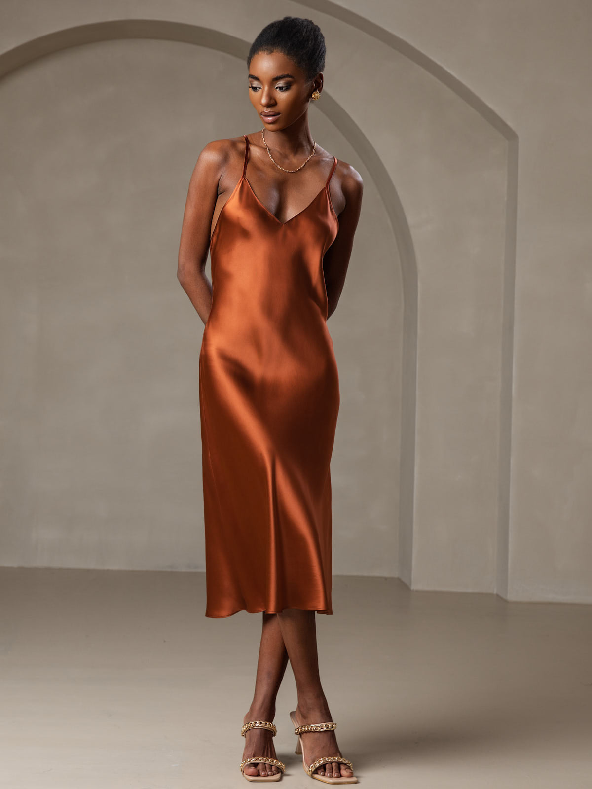 SilkSilky-CA Pure Silk Sleeveless V Neck Dress Caramel 002