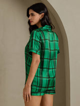 [Green Plaid] SilkSilky-CA Short Sleeve Notch Collar Women's Pajamas 002