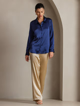 [Dark Blue] SilkSilky-CA 19Momme Stretch Silk Charmeuse Long Sleeve Lapel Collar Women's Shirt 005