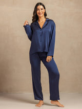 [Dark Blue] SilkSilky-CA 19Momme Machine-Washable Silk Long Sleeve Notch Collar Women's Pajamas 006