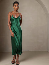[Green] SilkSilky-CA Spaghetti Strap V Neck Dress 001