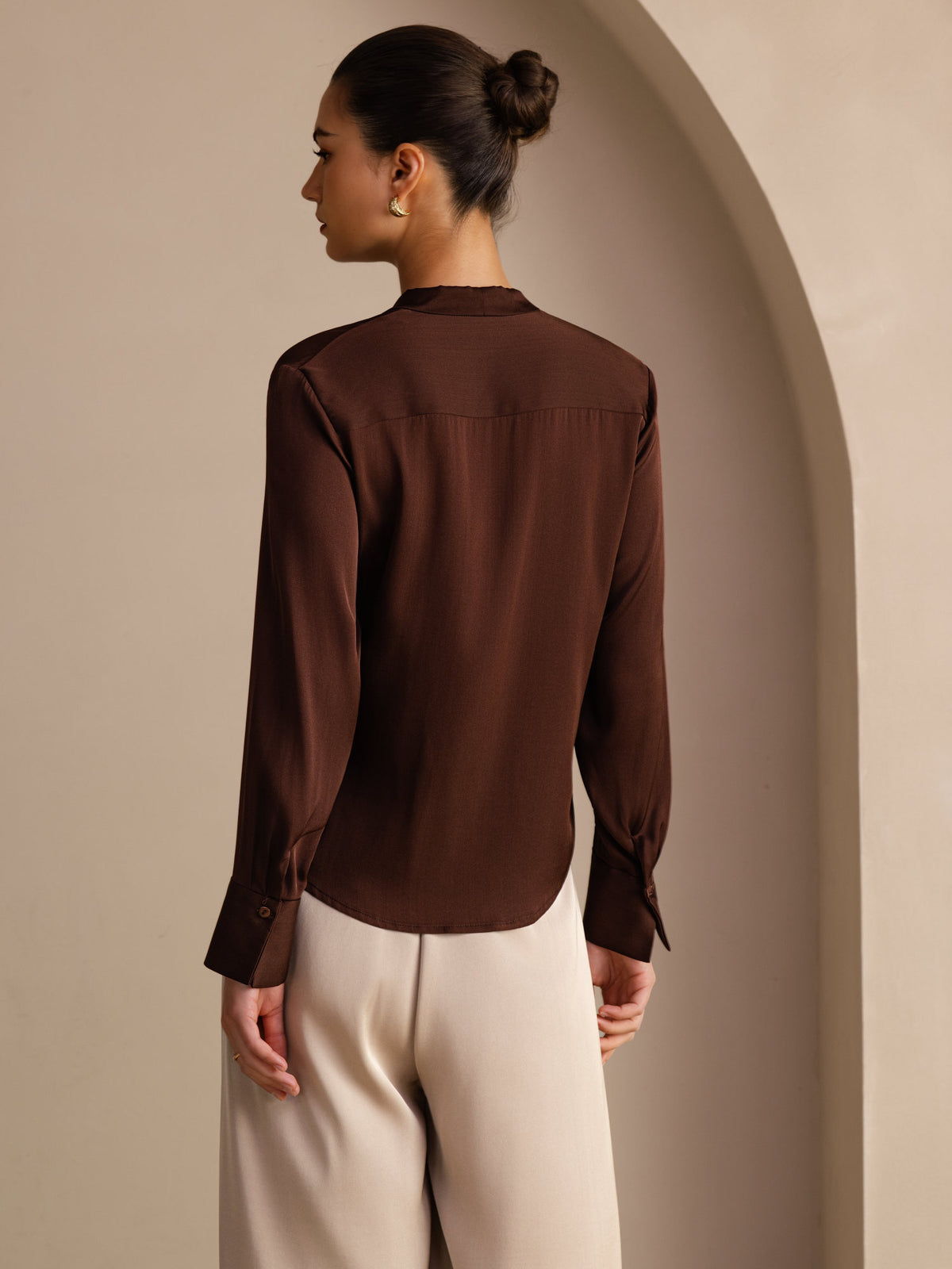[Bitter Chocolate] SilkSilky-CA Long Sleeve Tie Neck Women's Blouse 002