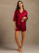 [Wine] SilkSilky-CA 19Momme Machine-Washable Silk Half Sleeve Notch Collar Women's Pajamas 003