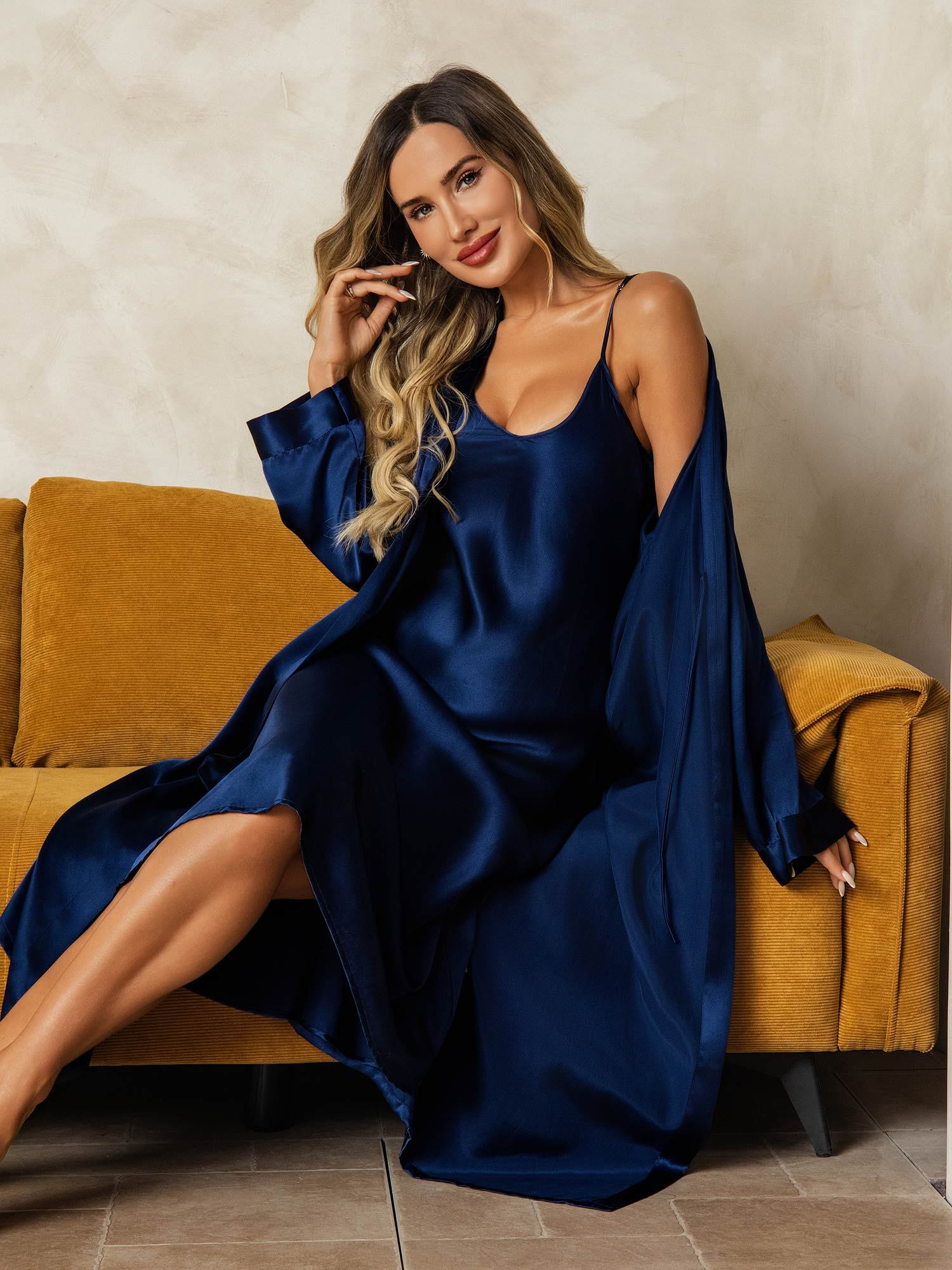 [DarkBlue] SilkSilky-CA Pure Silk V Neck Nightgown&Robe Set 006