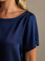[Dark Blue] SilkSilky-CA 19Momme Machine-Washable Silk Short Sleeve Round Neck Women's Pajamas 004