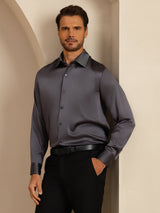 [Dark Gray] SilkSilky-CA 19Momme Stretch Silk Charmeuse Long Sleeve Lapel Collar Men's Shirt 006