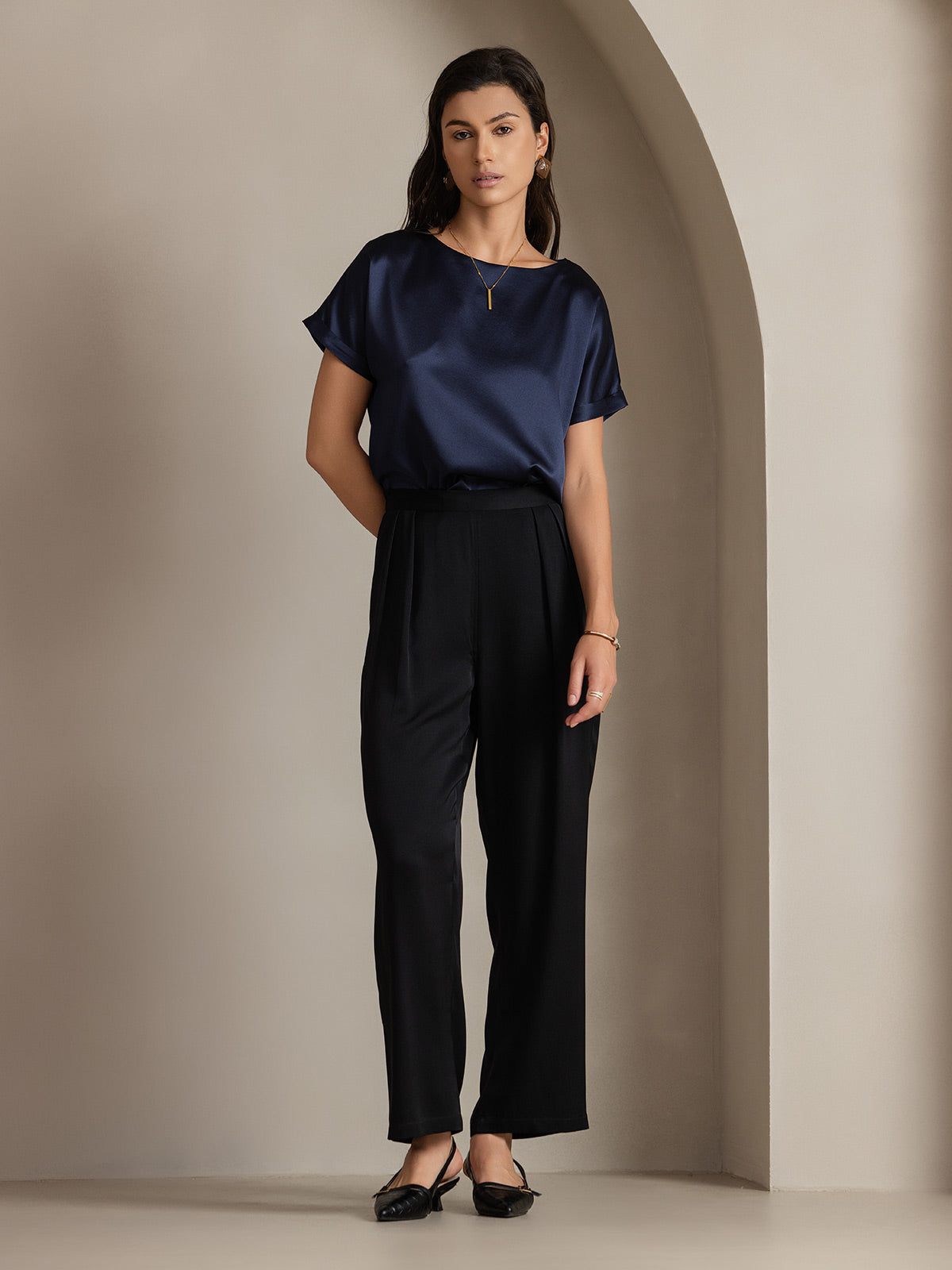 [Dark Blue] SilkSilky-CA 19Momme Silk Round Neck Women's T-Shirt 004