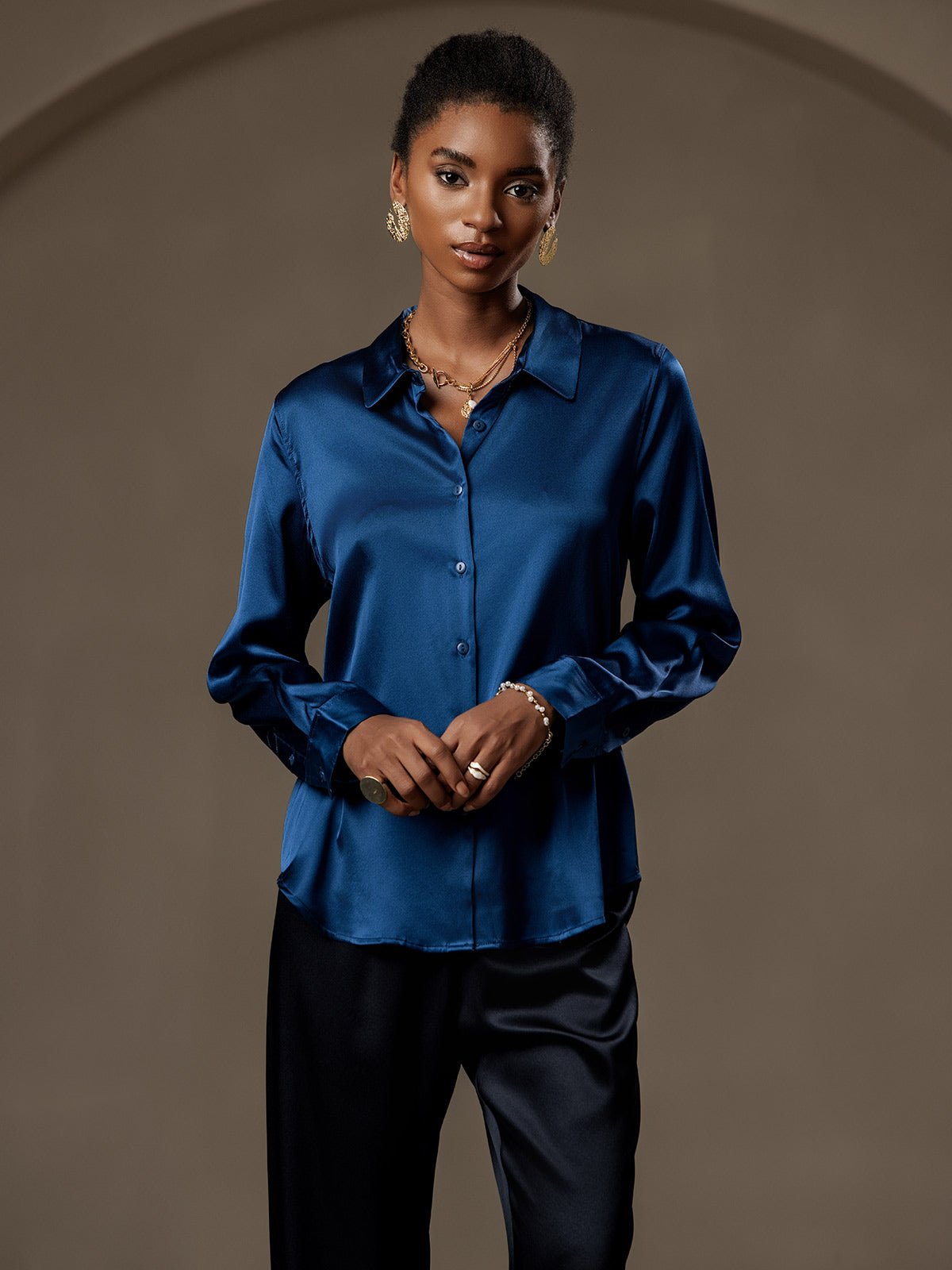 [Teal] SilkSilky-CA Silk Long Sleeve Lapel Collar Women's Shirt 003
