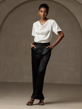 [White] SilkSilky-CA Short Sleeve Cowl Neck Women's Blouse 006