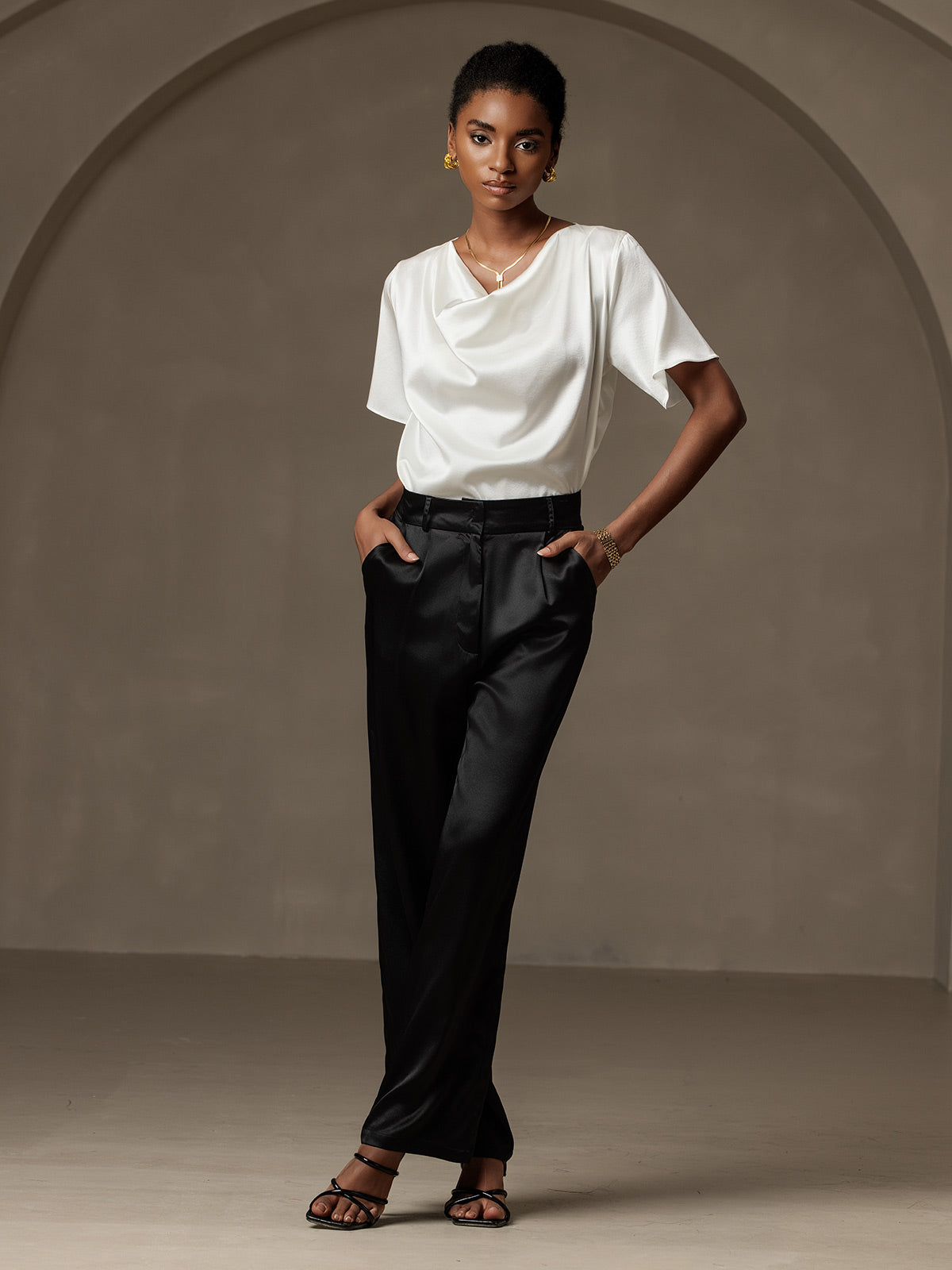 [White] SilkSilky-CA 19Momme Silk Short Sleeve Cowl Neck Blouse 006