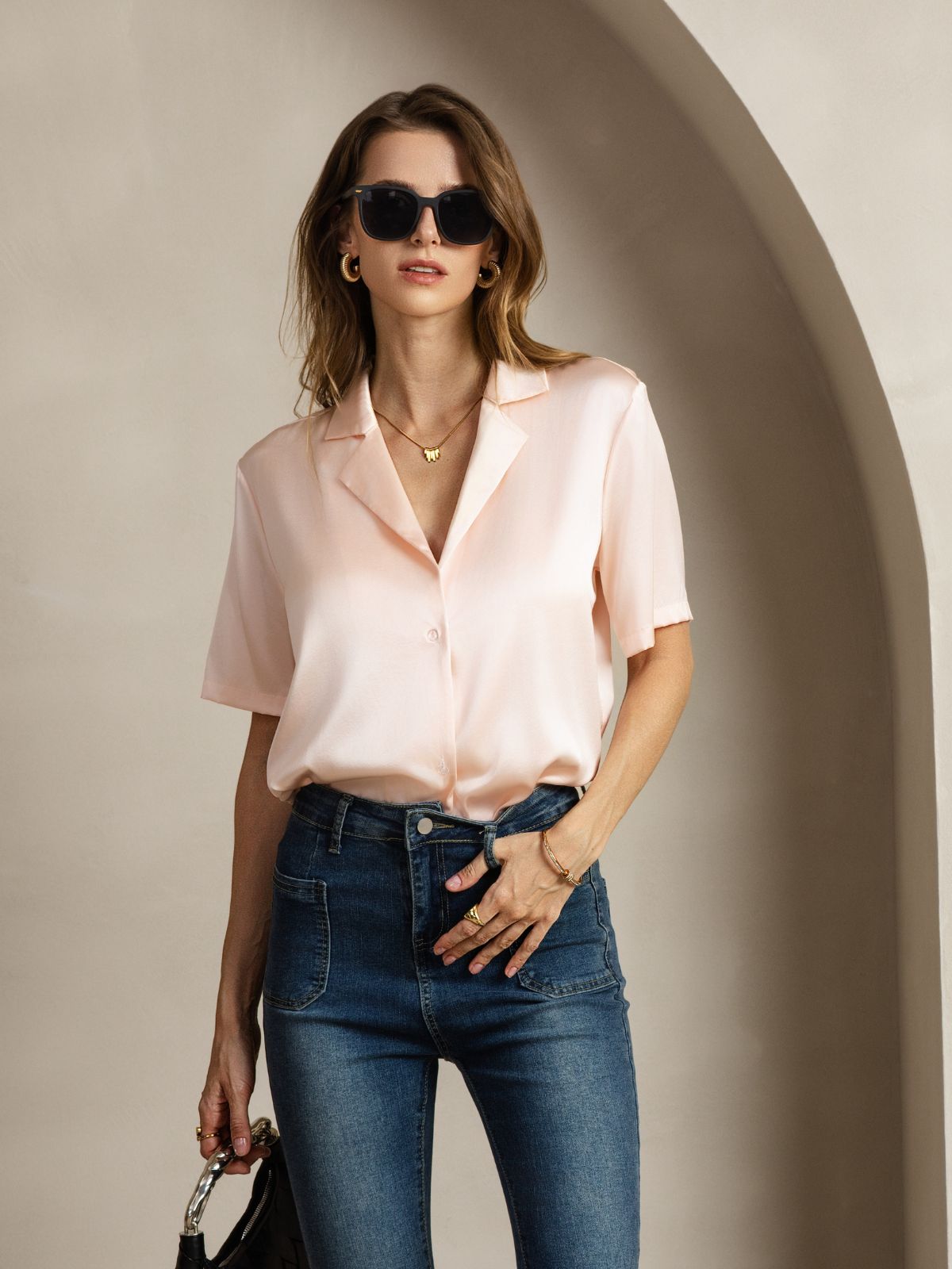 [Pink] SilkSilky-CA 19Momme Silk Notched Neck Women's Shirt 006