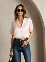 [Pink] SilkSilky-CA 19Momme Silk Notched Neck Women's Shirt 006