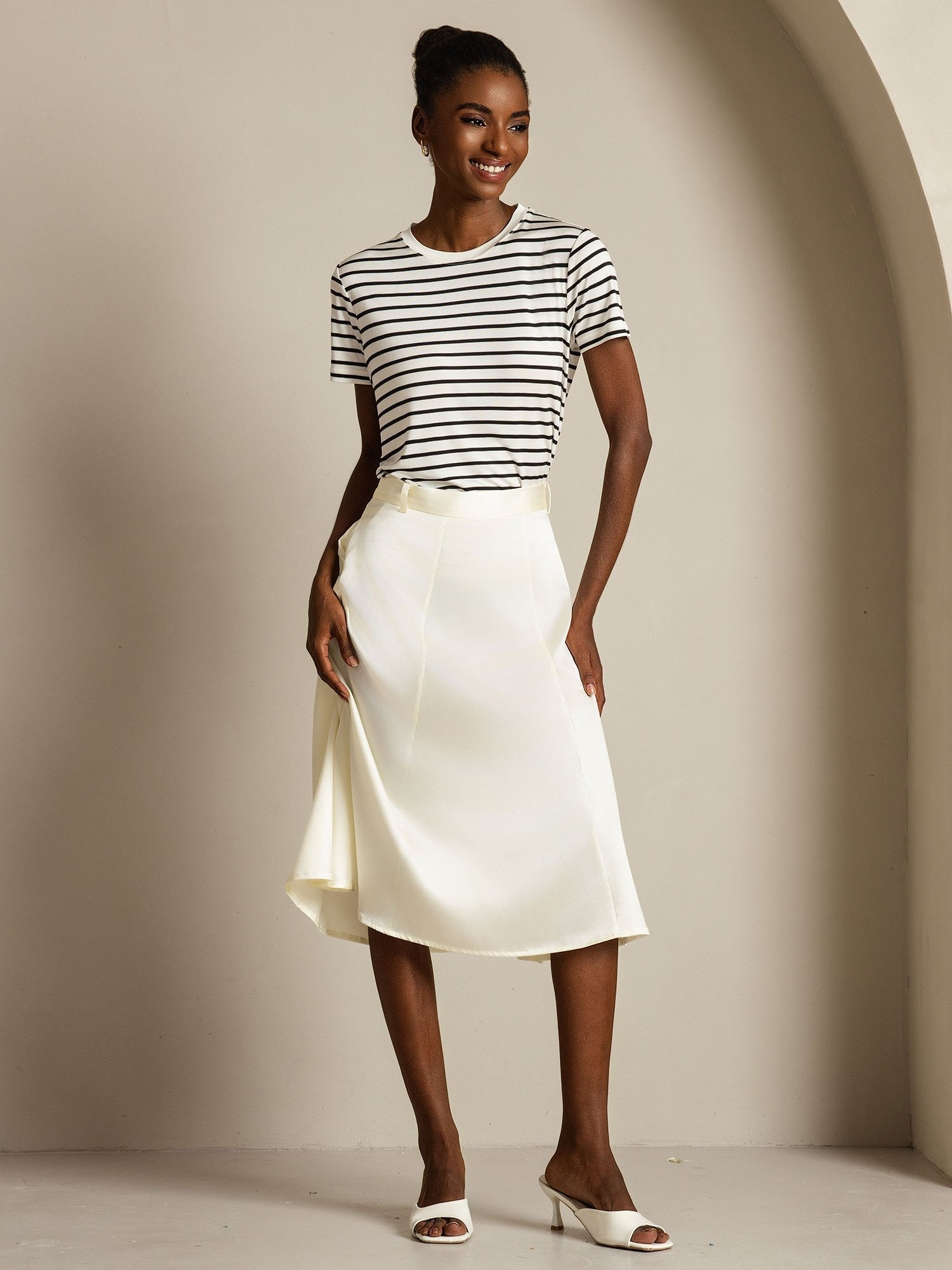 [WhiteStripe] SilkSilky-CA Pure Silk Round Neck Women's T-Shirt 008