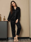 SilkSilky-CA Pure Silk Long Sleeve Lapel Women's Pajamas Black 004