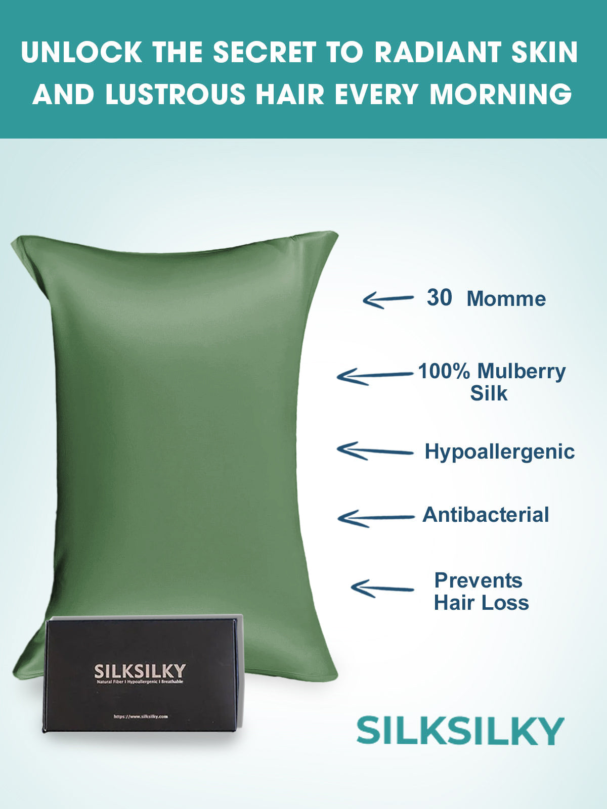 SilkSilky CA 30Momme Pure Silk Pillowcase GrayishGreen 002