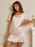 SilkSilky-CA Pure Silk Short Sleeve V Neck Nightgown LightPink 003