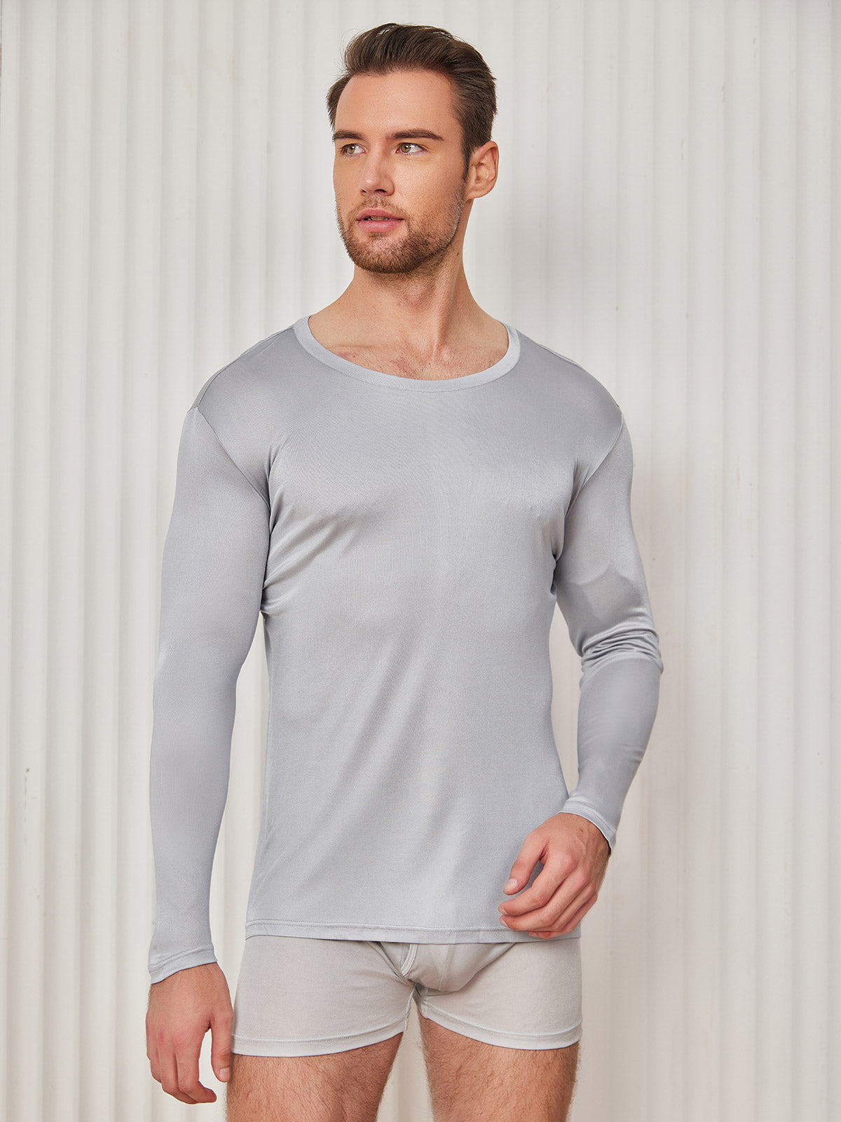 SilkSilky CA Silk Knitted Long Sleeve Round Neck Men's T Shirt LightGray 001