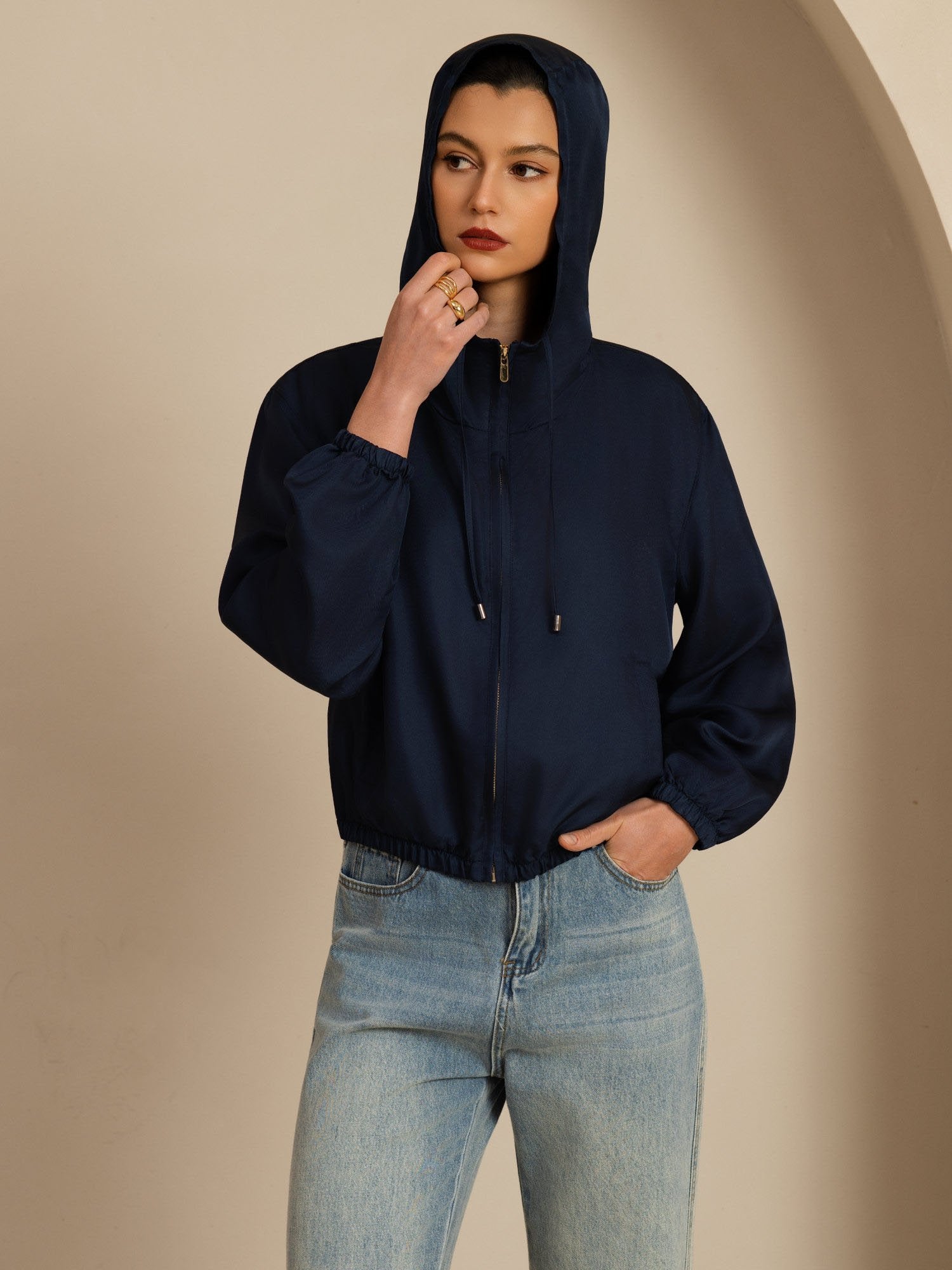 [DarkBlue] SilkSilky-CA 18Momme Silk Satin Surah Long Sleeve Stand Collar Women's Outerwear 004