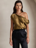 SilkSilky CA 19Momme Silk Sleeveless One Shoulder Women's T Shirt Brown 004