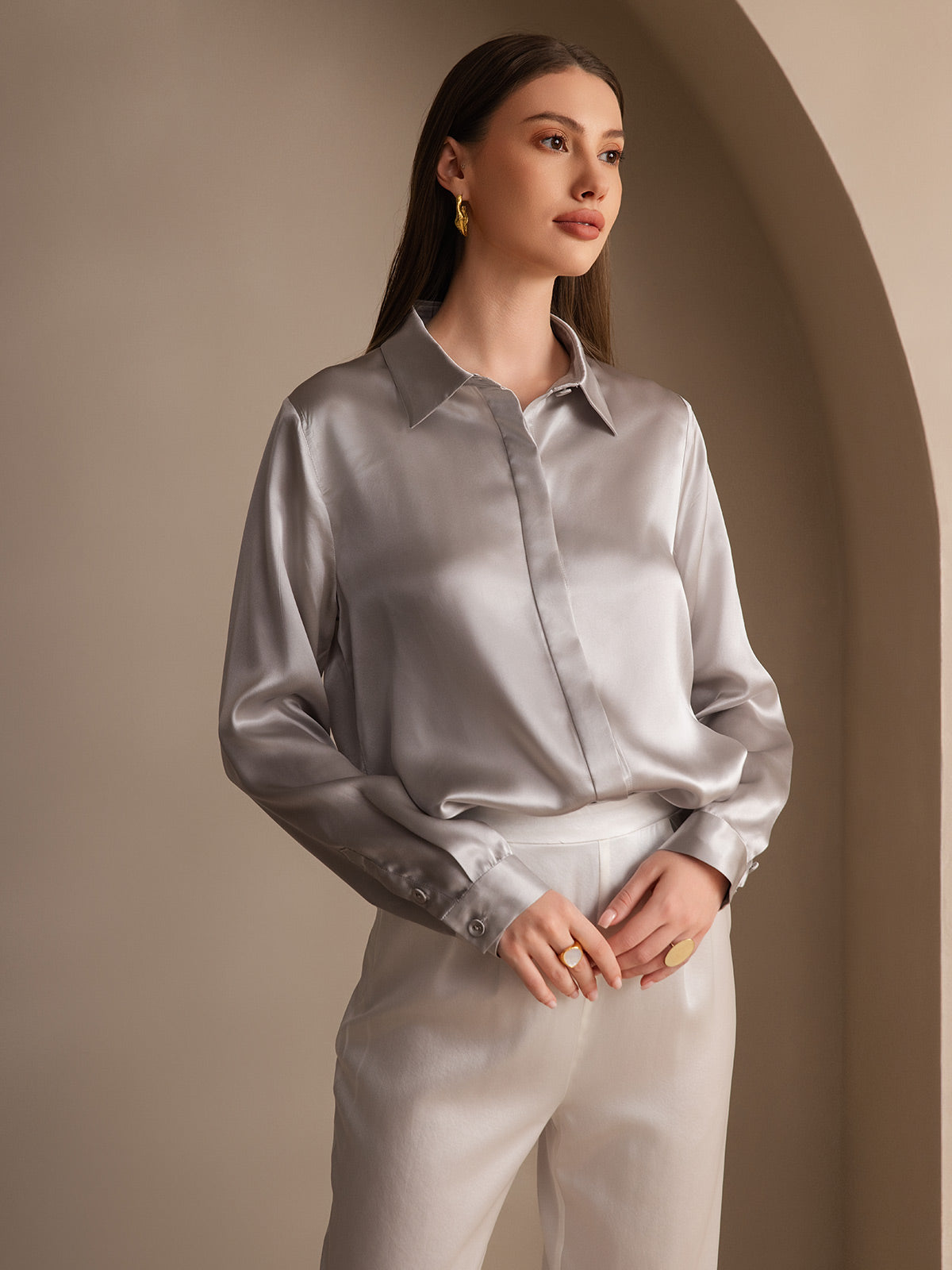 SilkSilky-CA 19Momme Silk Long Sleeve Collar Women's Shirt LightGray 004