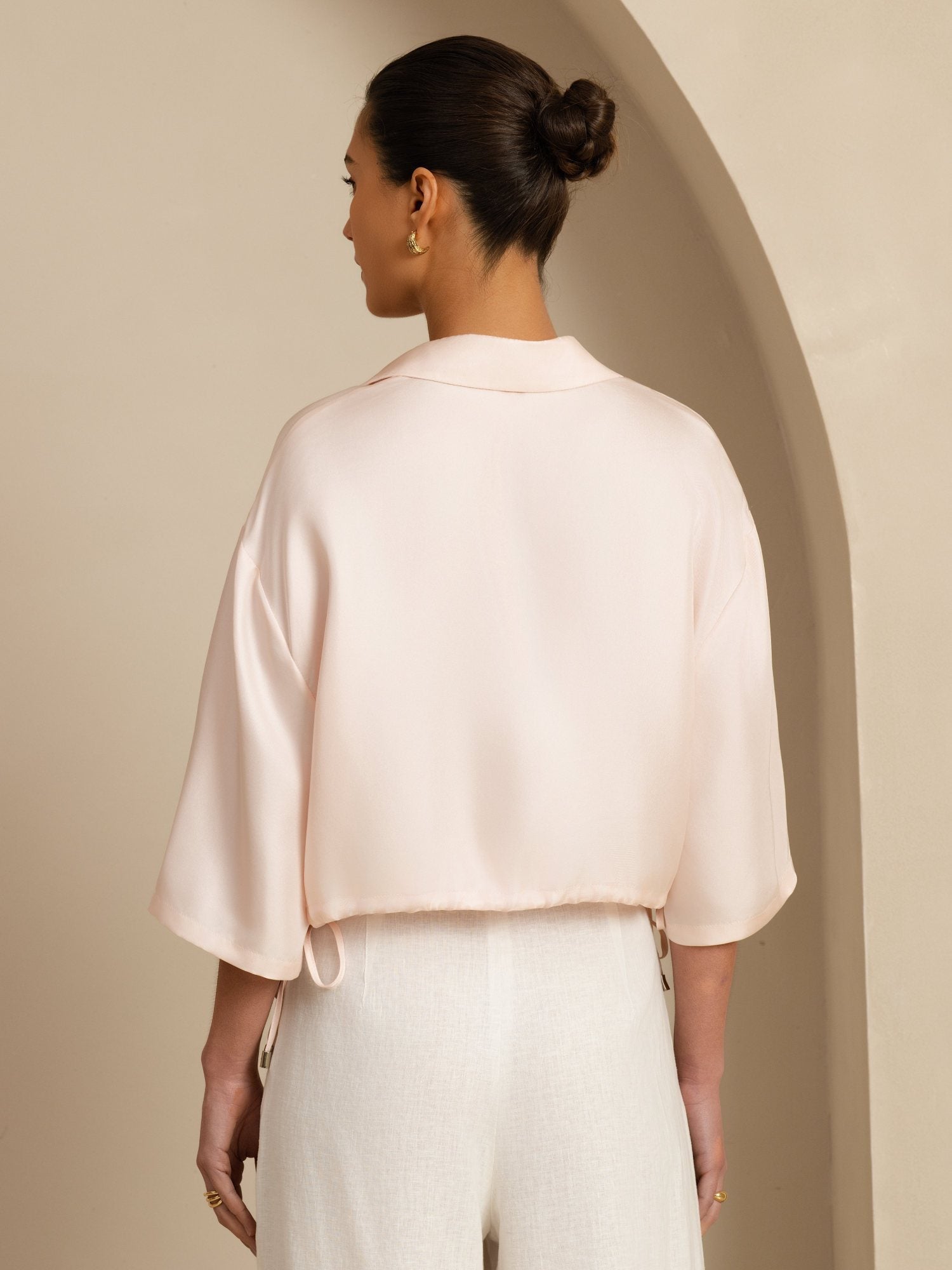 [Pink] SilkSilky-CA 18Momme Silk Satin Surah Half Sleeve Lapel Collar Blouse 002