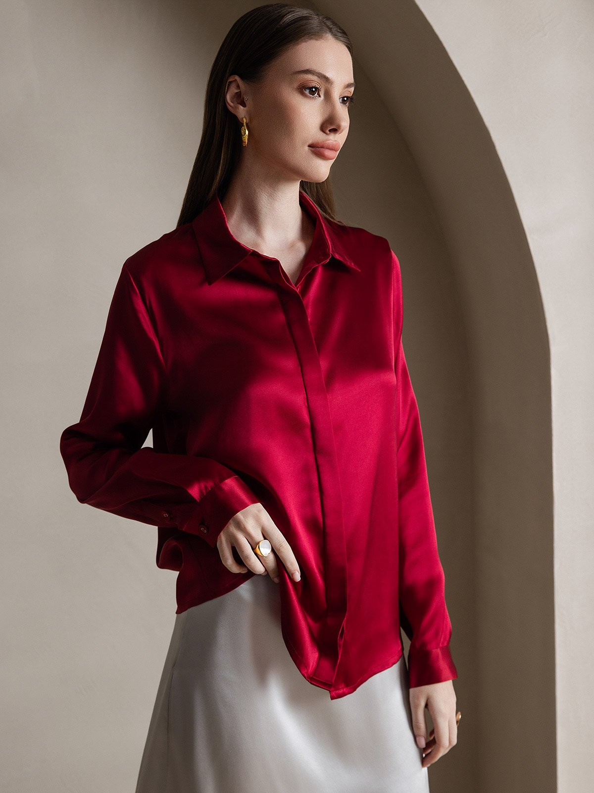 [Wine] SilkSilky-CA 19Momme Silk Long Sleeve Lapel Collar Women's Shirt 001
