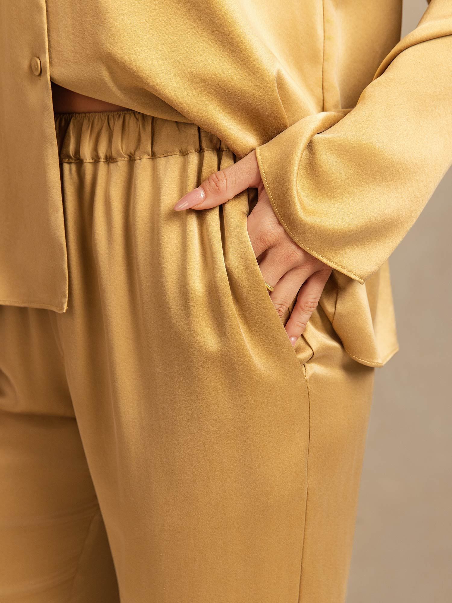 [Tan] SilkSilky-CA 19Momme Machine-Washable Silk Long Sleeve Notch Collar Women's Pajamas 005
