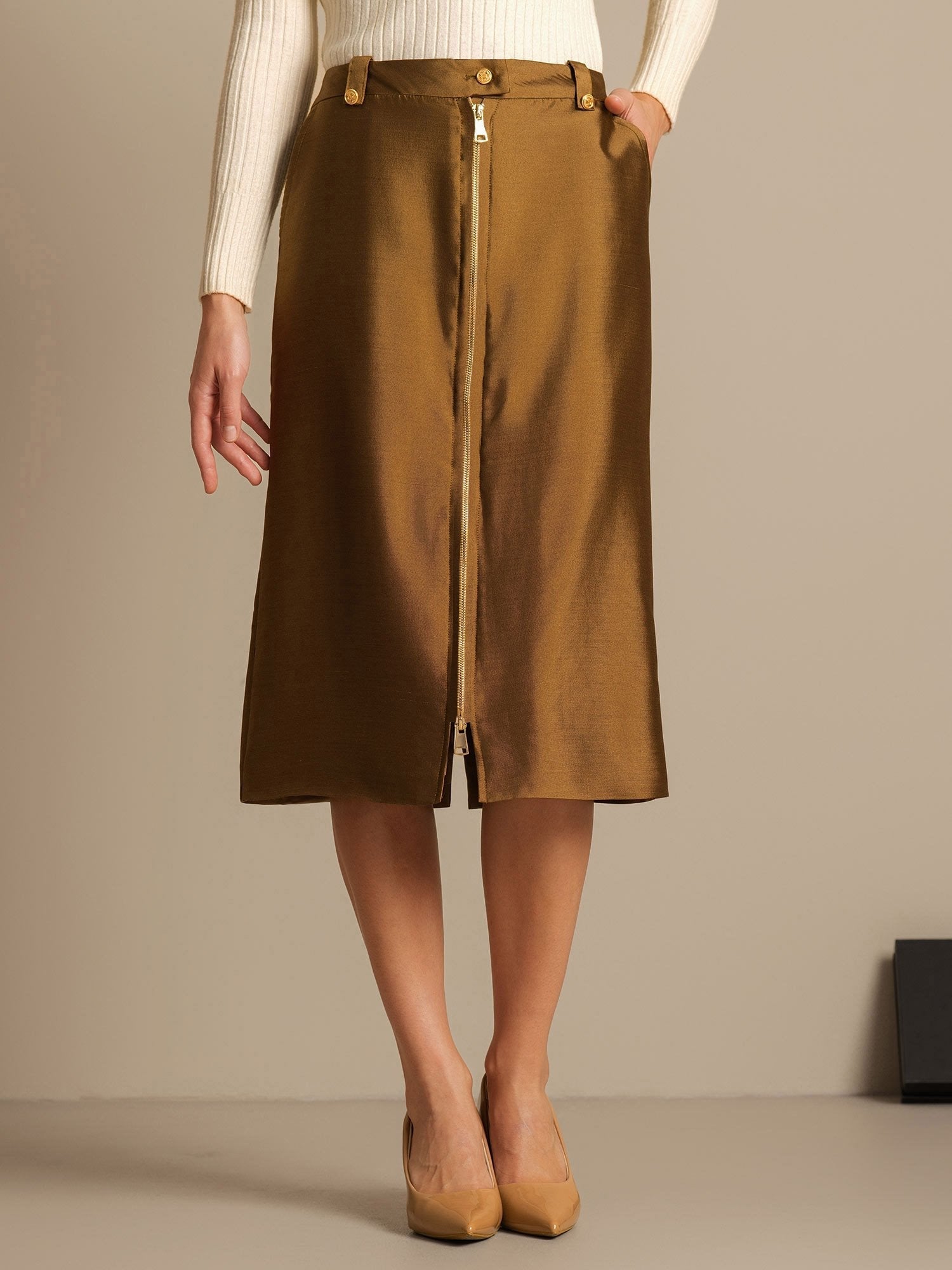 [Bronze] SilkSilky-CA 32Momme Silk-Wool Blend Split Skirt 003,
