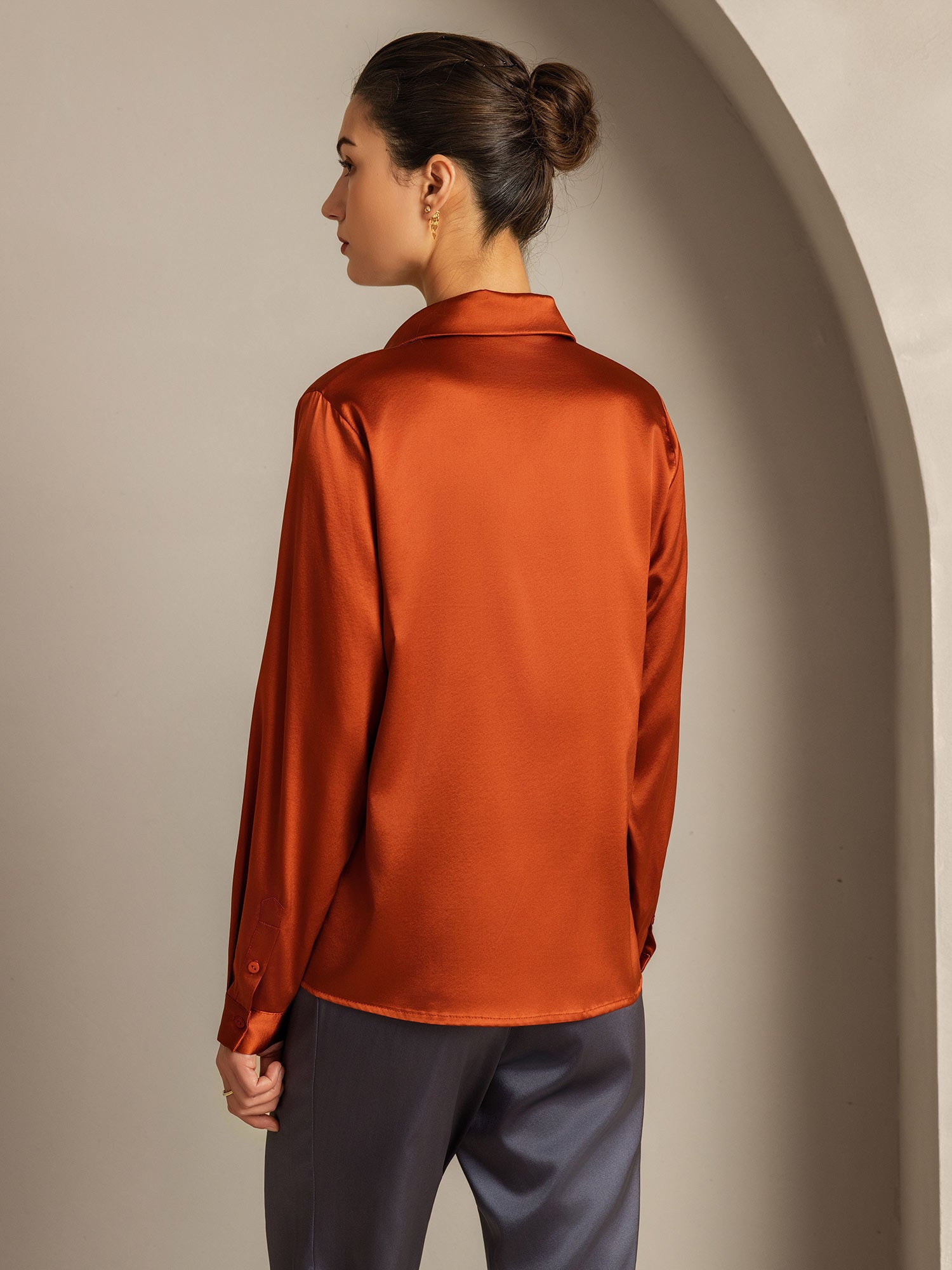 [Caramel] SilkSilky-CA 19Momme Silk Lapel Collar Women's Shirt 003