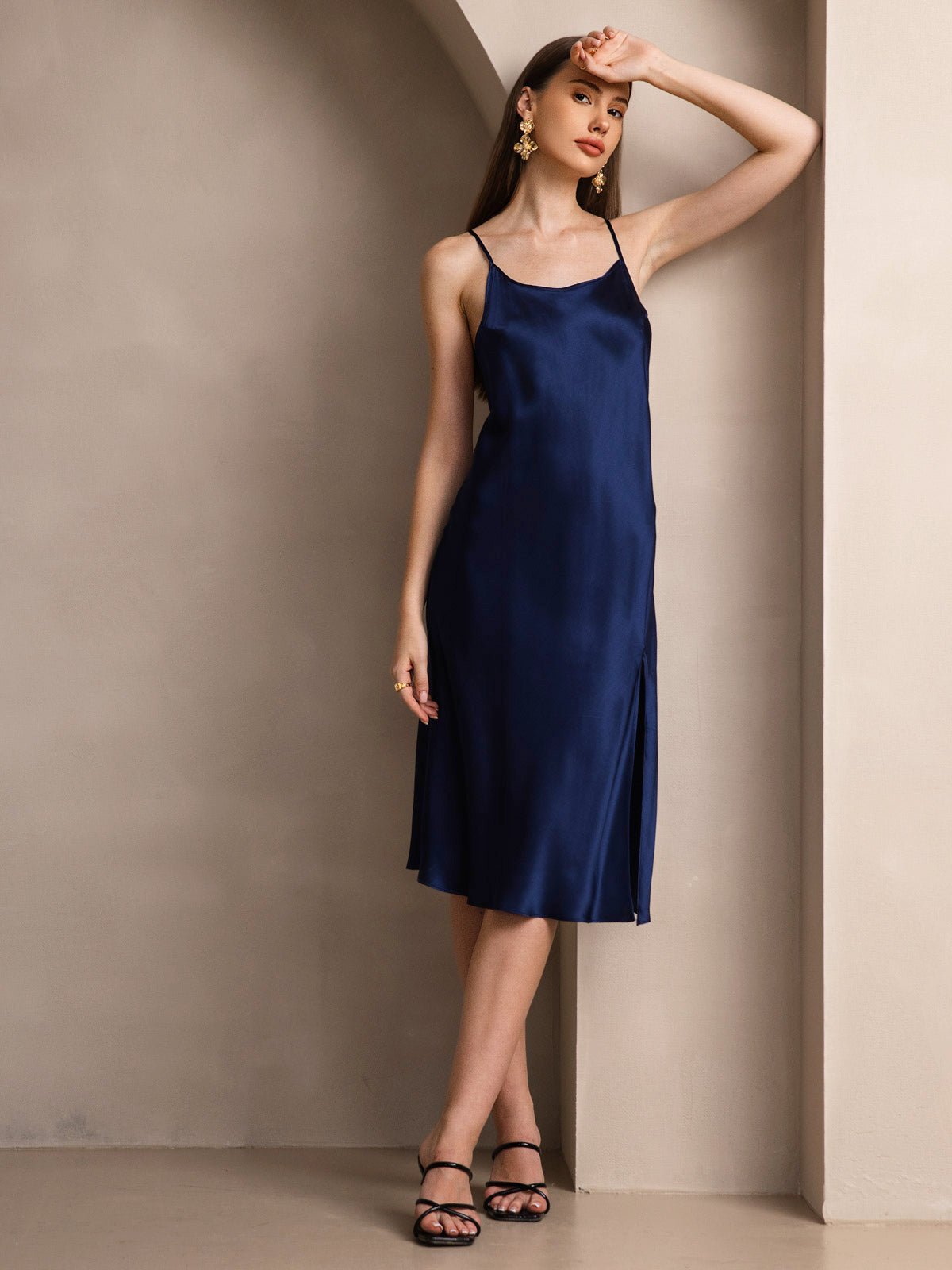 [Dark Blue] SilkSilky-CA Pure Silk Round Neck Dress 006