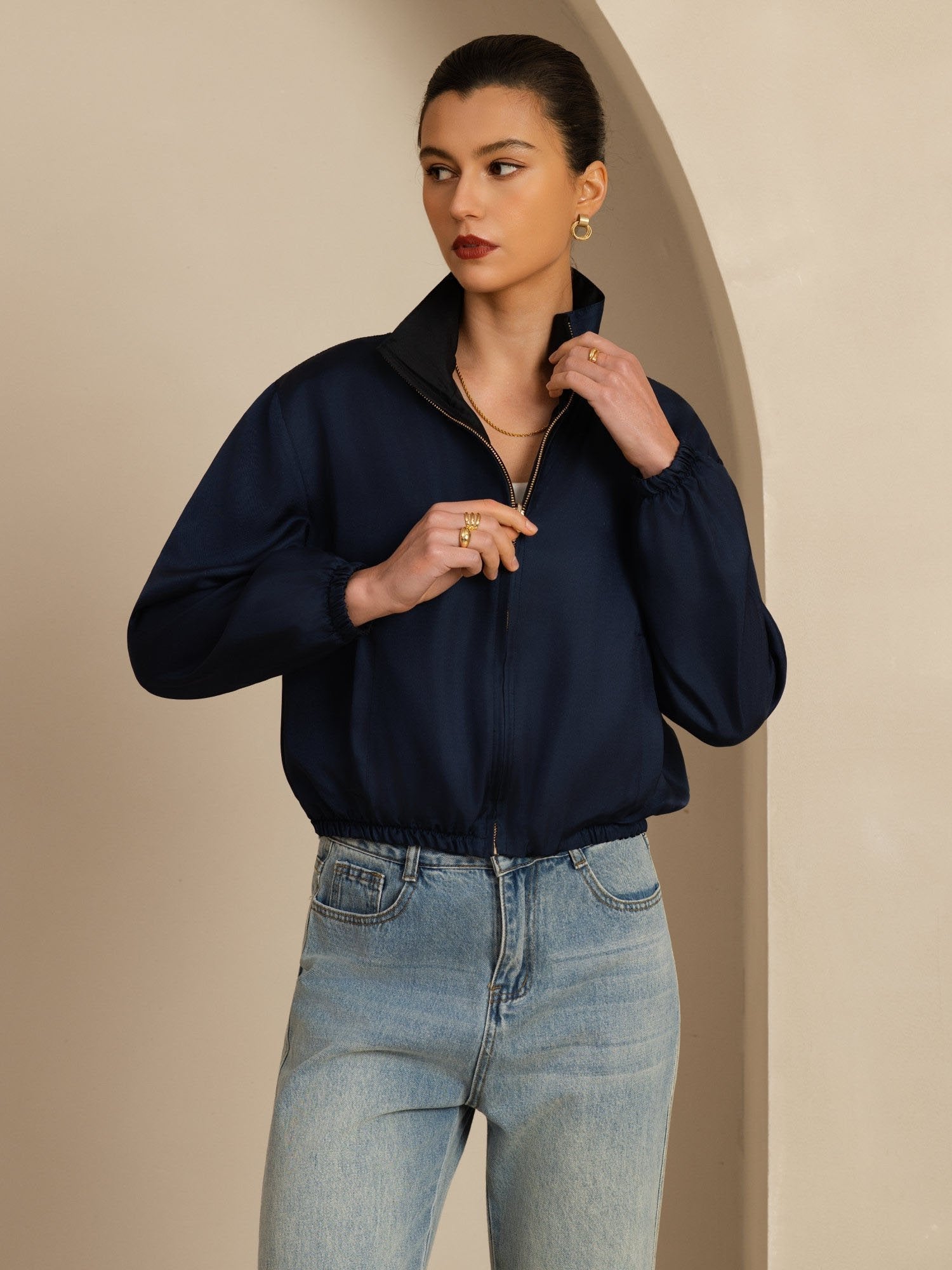 [Black+DarkBlue] SilkSilky-CA 18Momme Silk Satin Surah Long Sleeve Stand Collar Women's Outerwear 002