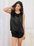 SilkSilky-CA Pure Silk Sleeveless Round Neck Women's Pajamas Black 003