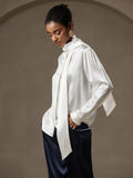 SilkSilky-CA 19Momme Silk Long Sleeve Tie Neck Women's Shirt White 004