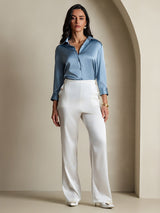 [Grayish Blue] SilkSilky-CA 19Momme Stretch Silk Charmeuse 3/4 Sleeve Lapel Collar Women's Shirt 006