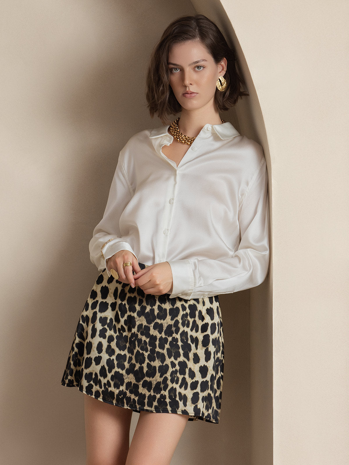 [White] SilkSilky-CA 19Momme Stretch Silk Charmeuse Long Sleeve Lapel Collar Women's Shirt 004