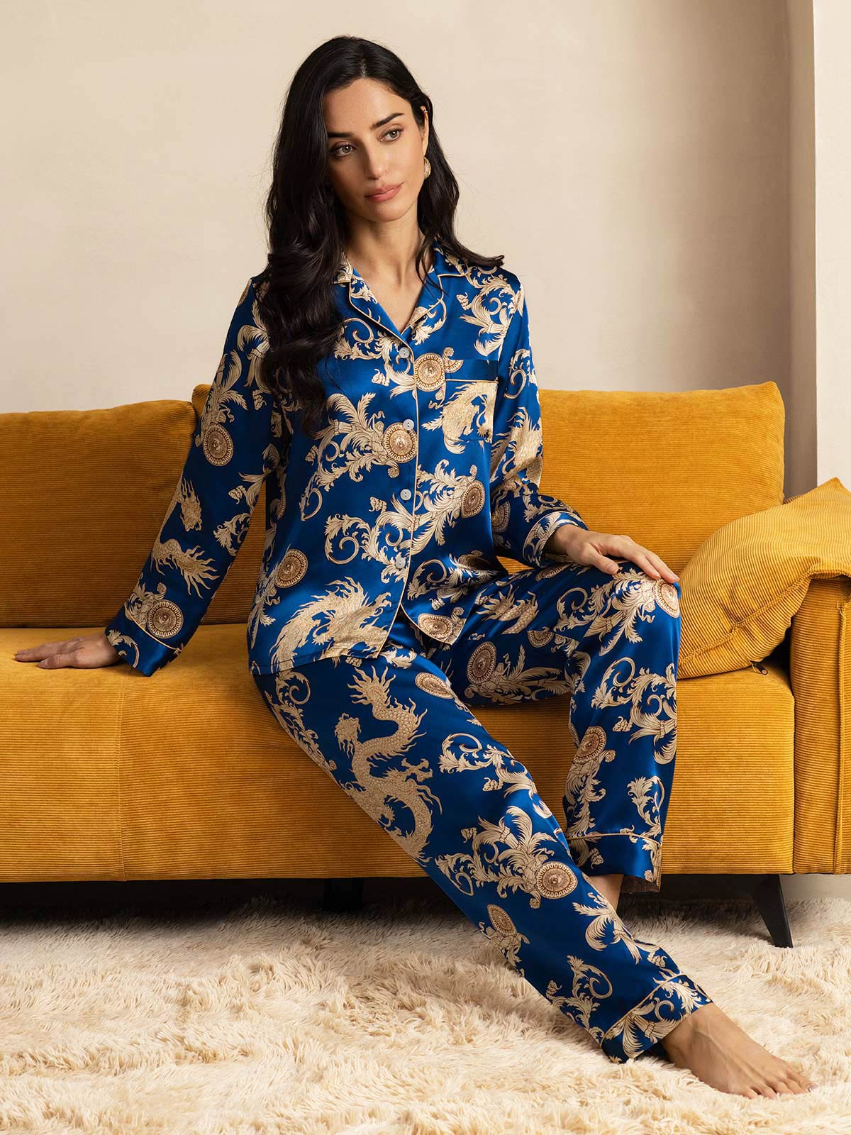 SilkSilky-CA Pure Silk Long Sleeve Lapel Women's Pajamas Blue 008