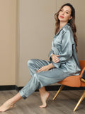 SilkSilky CA Long Sleeve Lapel Women's Pajamas SteelBlue 006