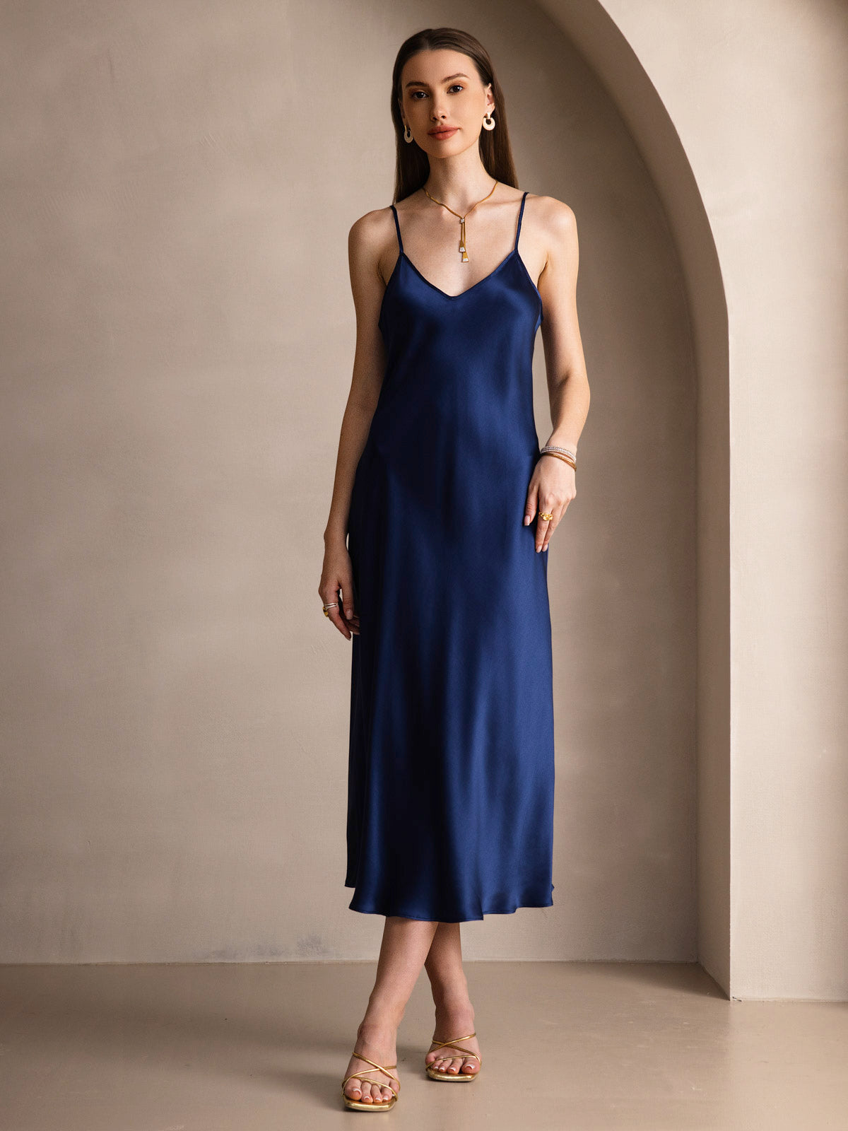 [Dark Blue] SilkSilky-CA Pure Silk Round Neck Dress 003