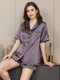 SilkSilky-CA Pure Silk Short Sleeve Lapel Women's Pajamas PurpleGray 001